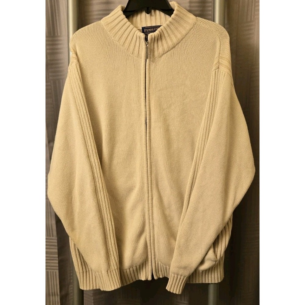 Pendleton‎ Cotton Sweater Womens Large Ivory Full Zip Mock Turtleneck Cable Knit